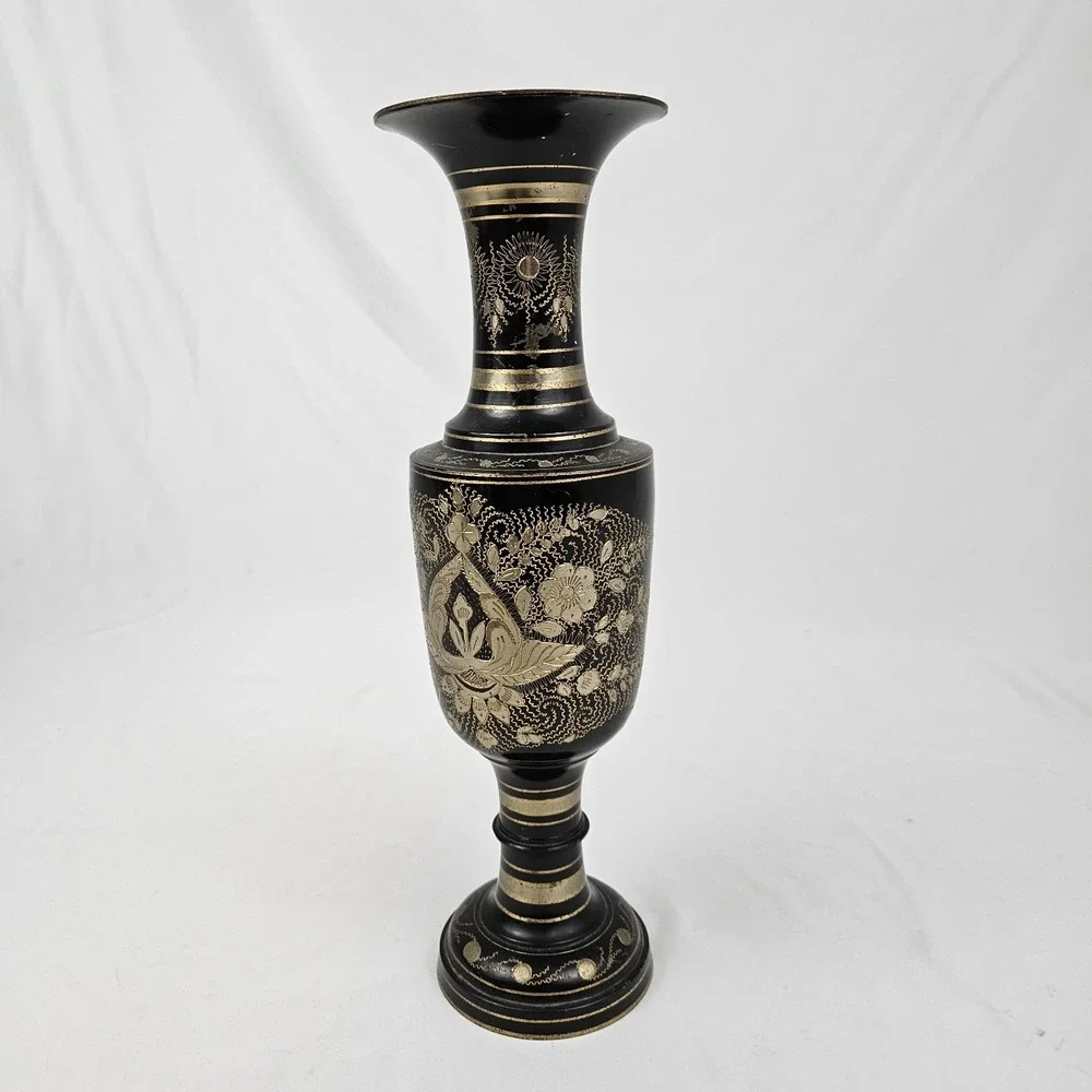 Vintage Etched Brass Vase Black Gold Floral Vintage MCM 14